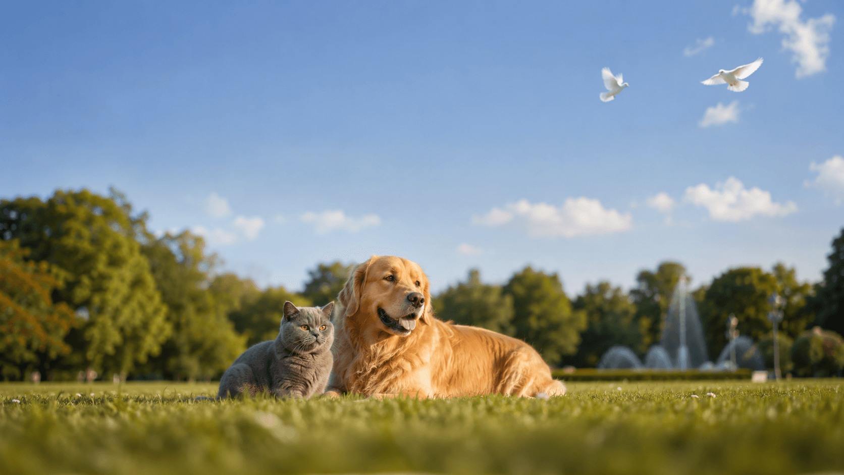 Golden retriever and grey cat resting together on a park lawn