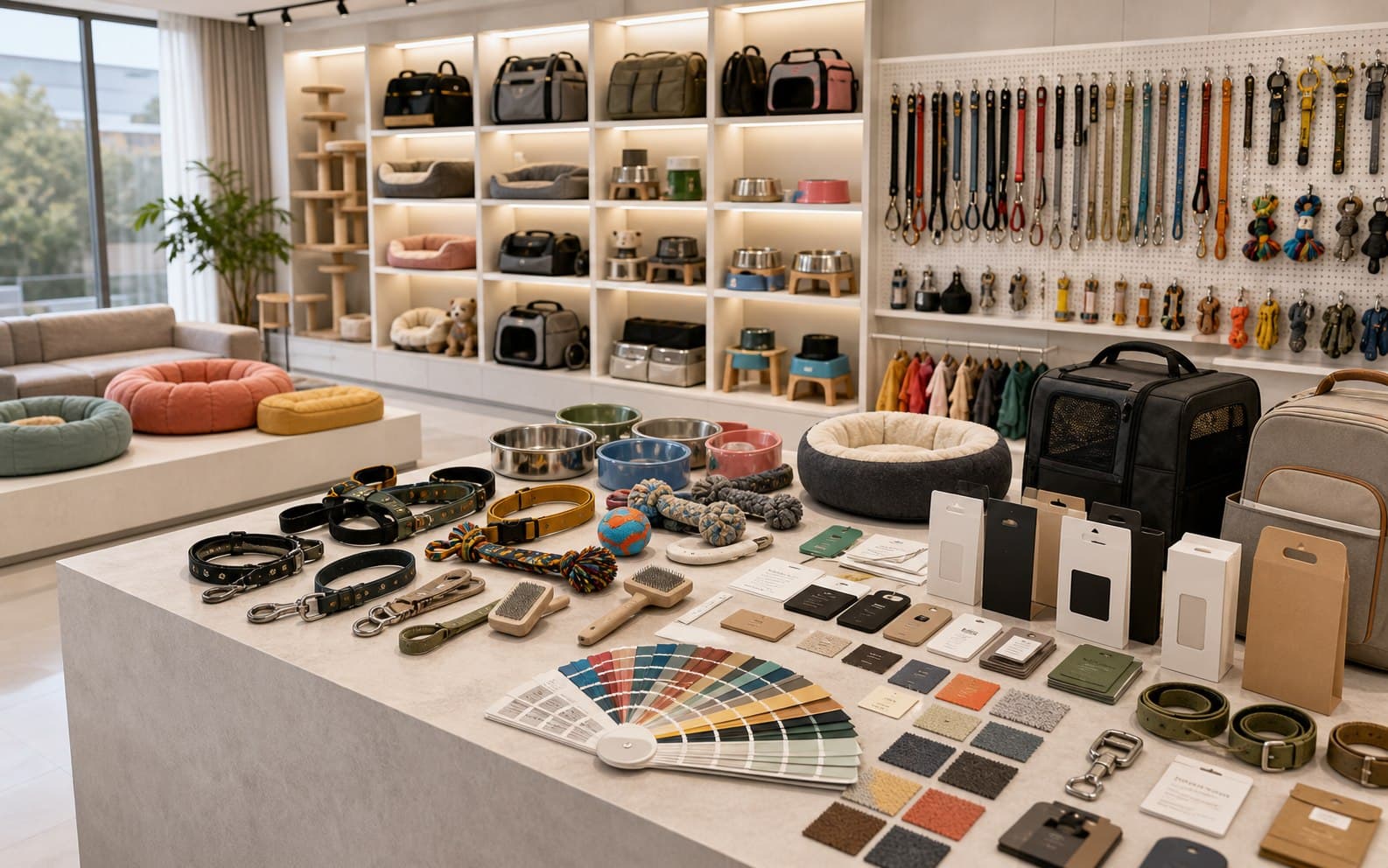 Approved pet product sample with materials and factory workspace