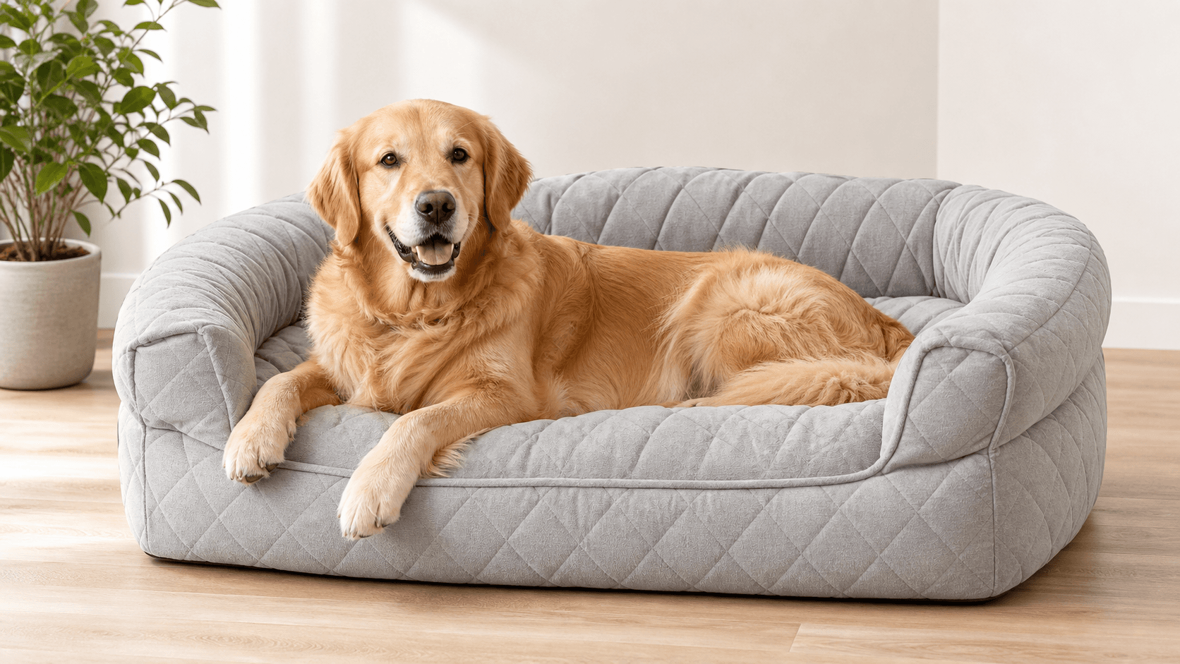 Golden retriever resting in a custom gray lounger bed