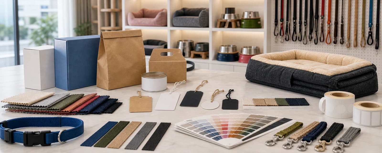 Pet product development desk with sample, materials, and packaging references