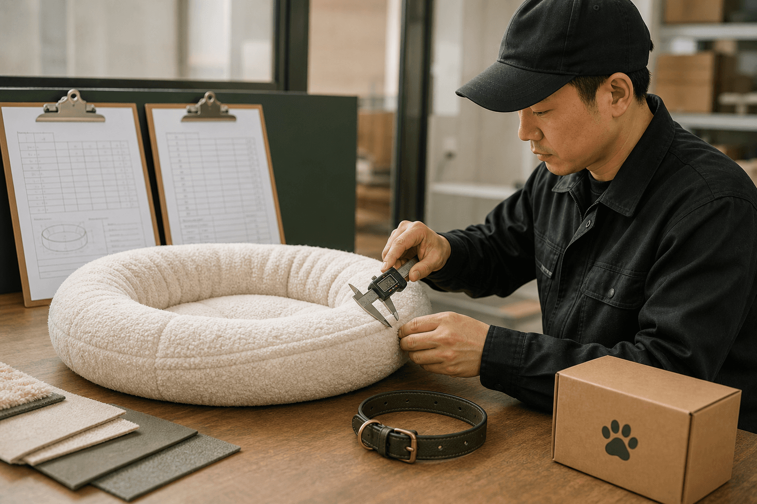 Quality inspector measuring a pet bed against inspection documents
